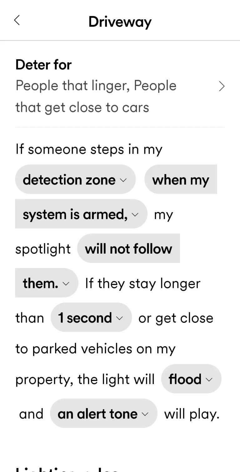 Vivint camera settings in the app give you drop-down menus with options to choose from.