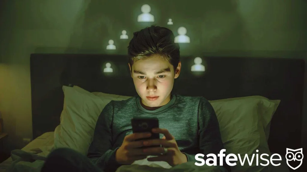 A teenager sitting in a bedroom at night, looking at a smartphone with multiple notification icons floating above.