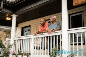 Two people leaning on a porch rail