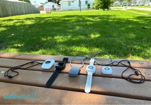 Lifeline mobile systems lined up on an outdoor bench