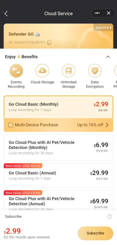defender go clearvue app cloud plans