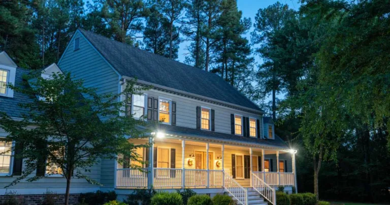 Well-lit home at dusk