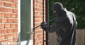 Burglar breaking into a home with a crowbar in daylight.