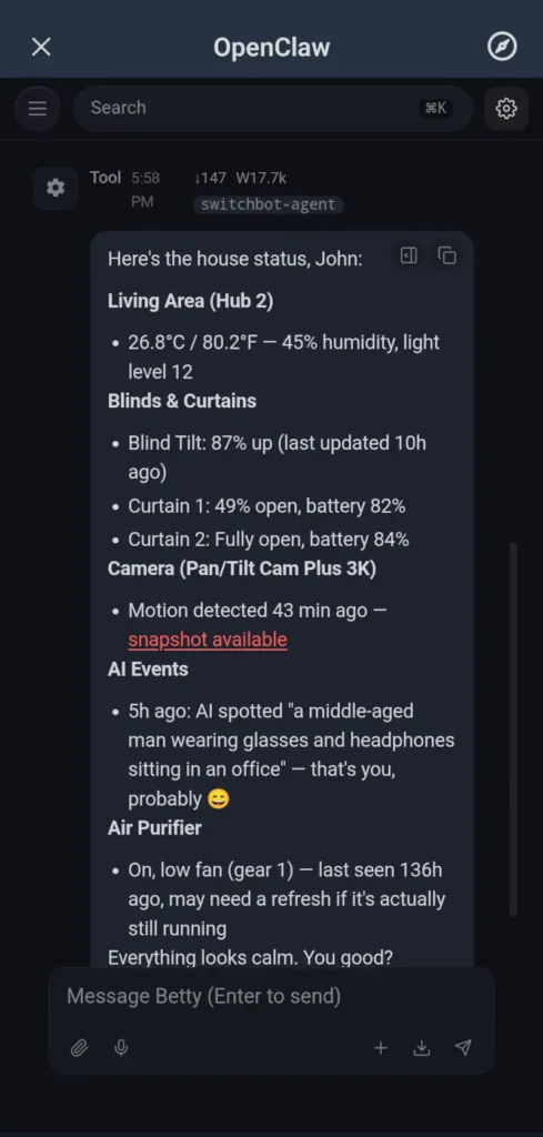 SwitchBot AI Hub OpenClaw Chatbot