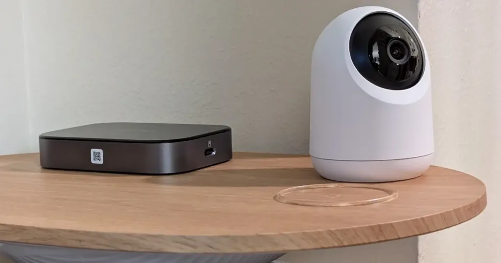SwitchBot Pan/Tilt Cam Plus 3K and AI Hub on table