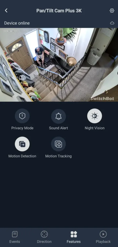SwitchBot Pan/Tilt Cam Plus 3K app live view