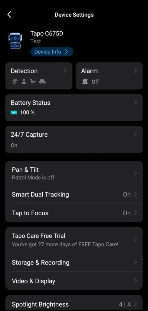 Tapo C675D Kit app device settings