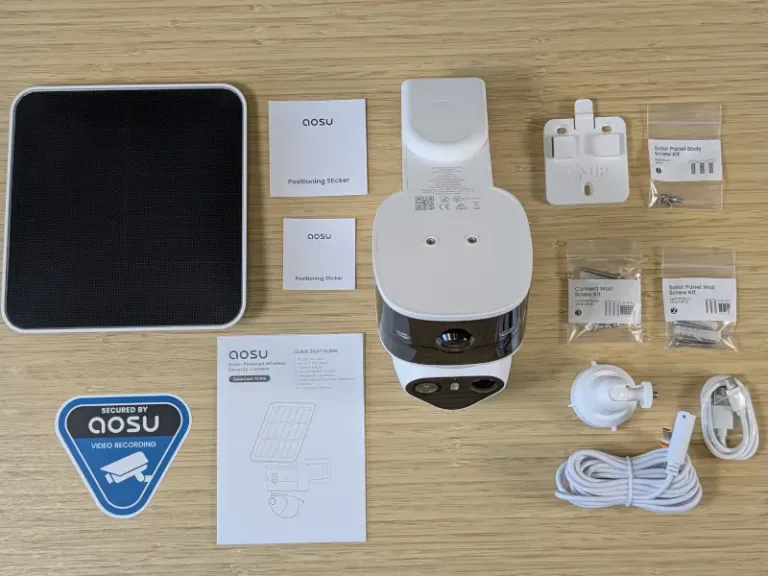 Aosu SolarCam T2 Pro box contents on desk