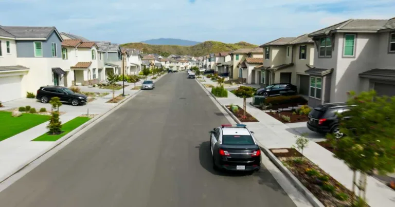 An aerial shot of a police car in a Californian suburb