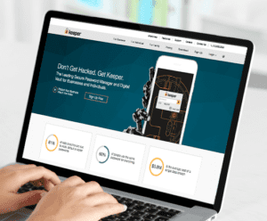 Laptop showing Keeper Security homepage