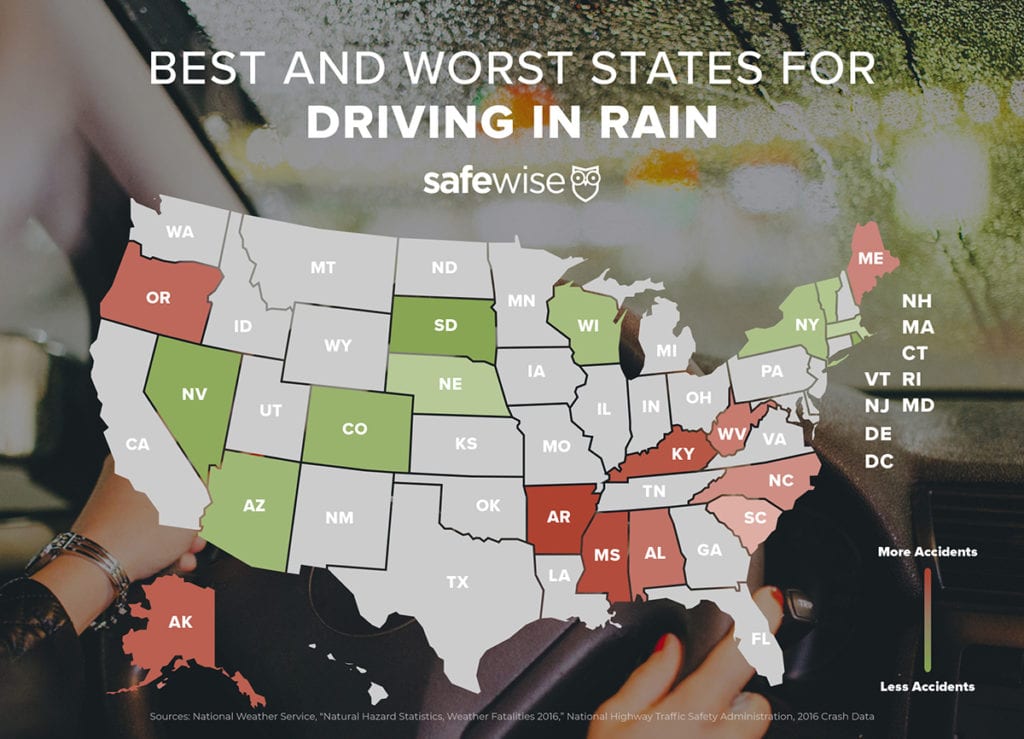 an infographic of the best and worst states for driving in the rain