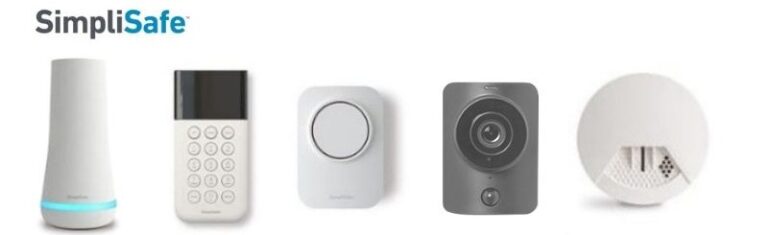 Shows a line-up of sample equipment found in a SimpliSafe home security system: base station, keypad, alarm, camera, and smoke detector