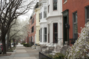 Historic row houses in Midtown of Baltimore, Maryland, USA